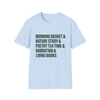 Narration Check List homeschool mom graphic t-shirt with a playful checklist-style homeschool graphic with bookish and nature-inspired details