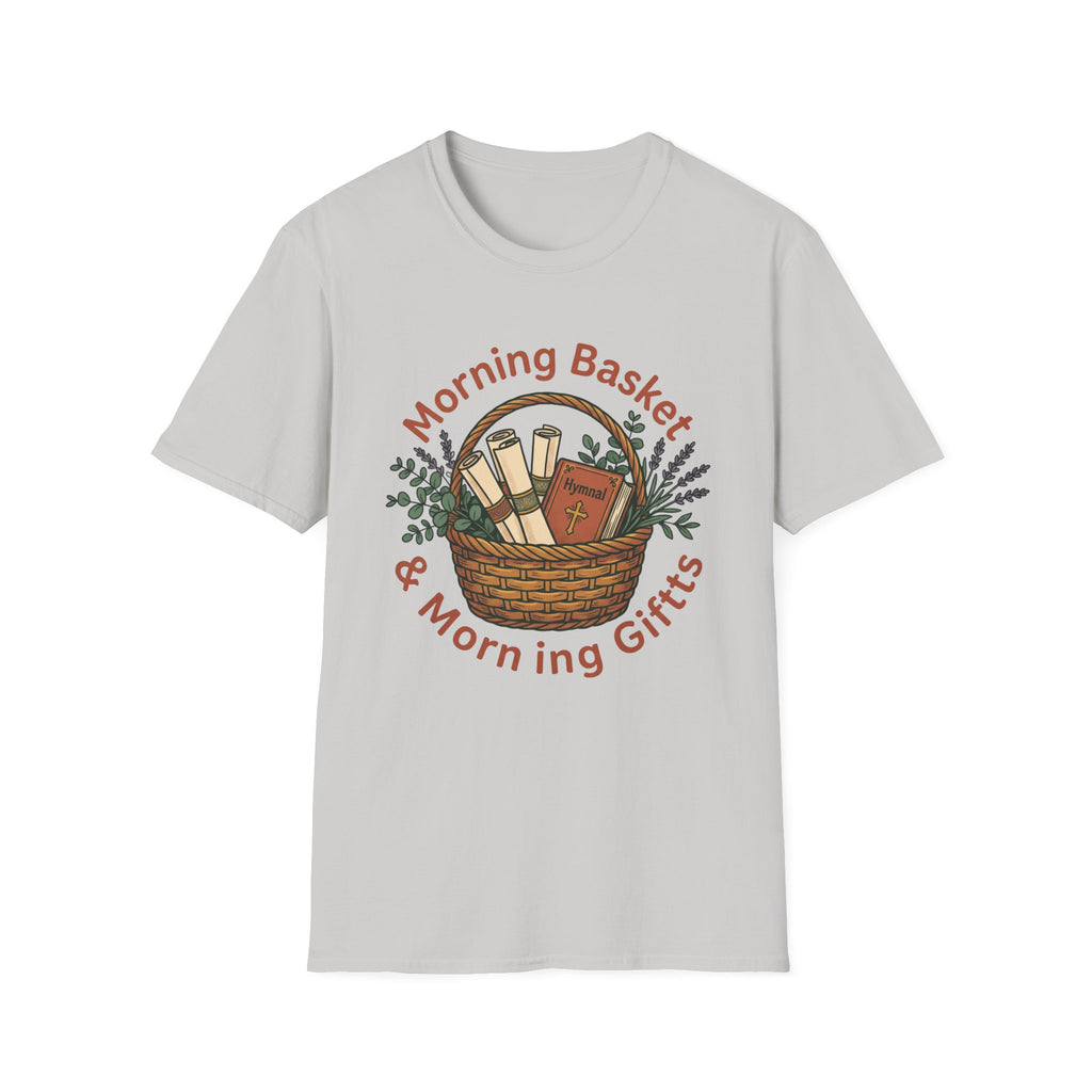 Morning Basket, Morning Gifts homeschool mom graphic t-shirt with a cozy morning basket-inspired design with books, gentle details, and home learning charm