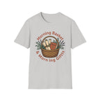 Morning Basket, Morning Gifts homeschool mom graphic t-shirt with a cozy morning basket-inspired design with books, gentle details, and home learning charm