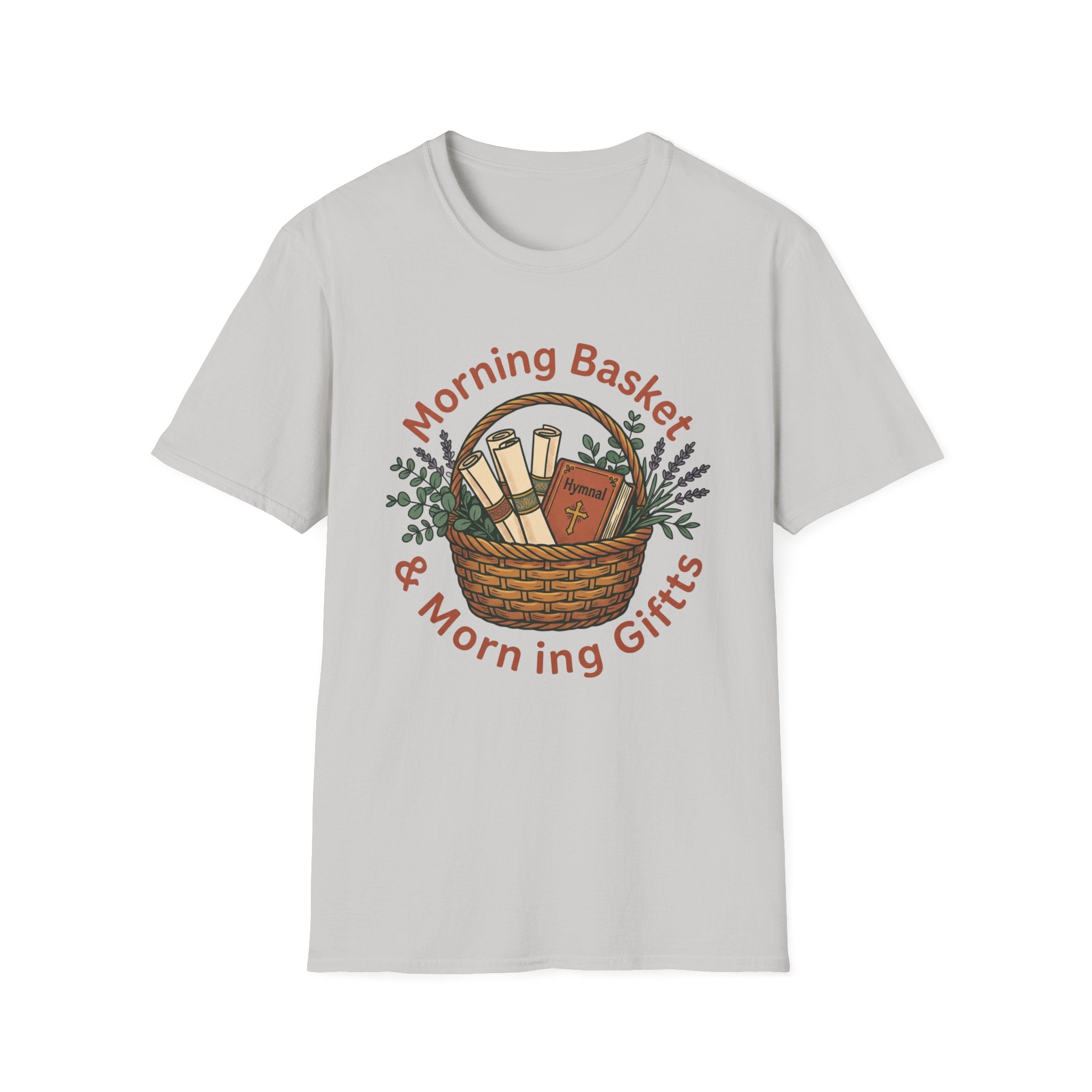 Morning Basket, Morning Gifts homeschool mom graphic t-shirt with a cozy morning basket-inspired design with books, gentle details, and home learning charm