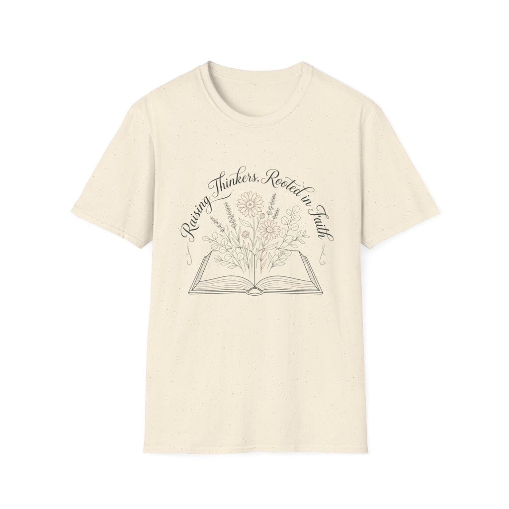 Raising Thinkers, Rooted in Faith Floral Book homeschool mom graphic t-shirt with a faith-filled homeschool design with gentle lettering and classic illustrative details