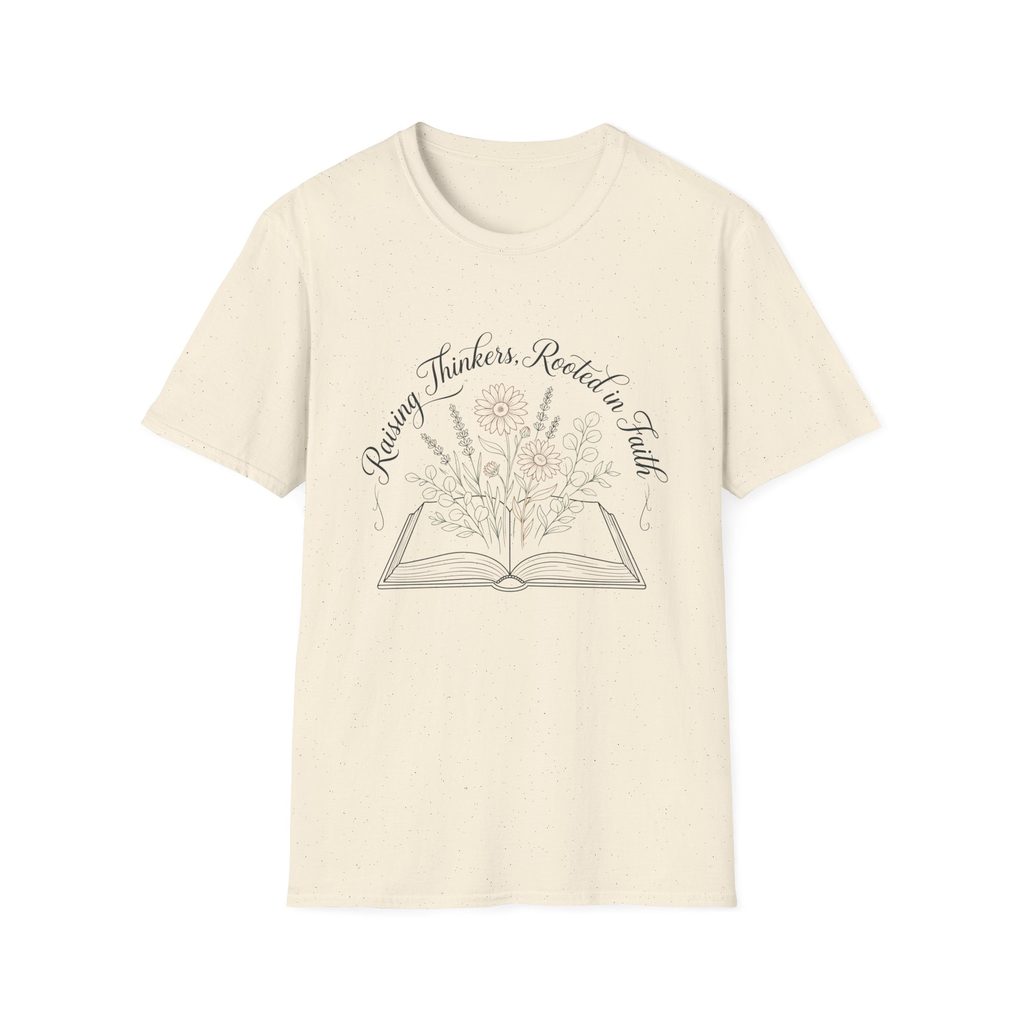 Raising Thinkers, Rooted in Faith Floral Book homeschool mom graphic t-shirt with a faith-filled homeschool design with gentle lettering and classic illustrative details