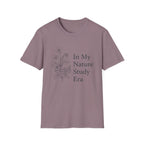 Nature Study Era homeschool mom graphic t-shirt with a Charlotte Mason-inspired design with books, nature details, and vintage homeschool charm