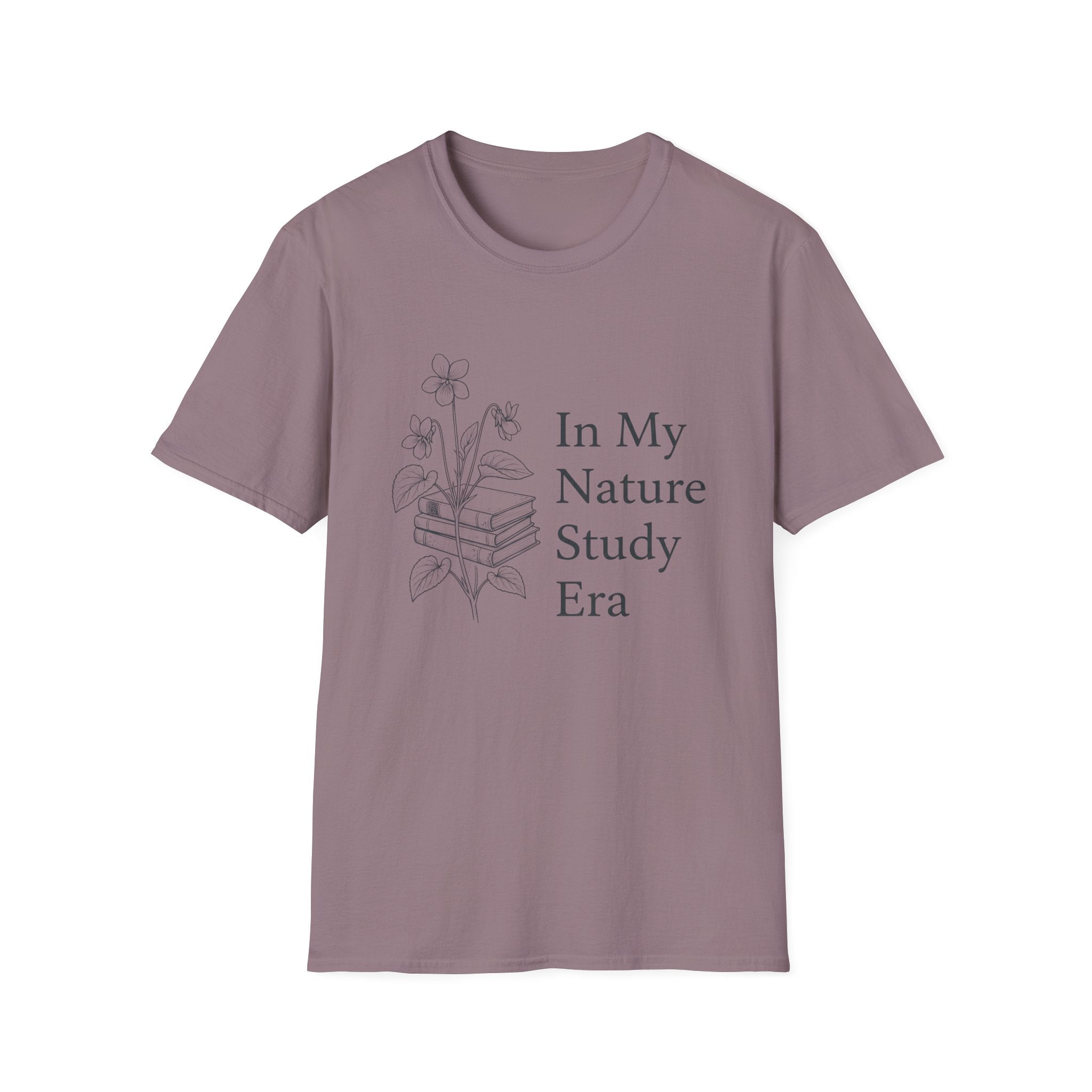 Nature Study Era homeschool mom graphic t-shirt with a Charlotte Mason-inspired design with books, nature details, and vintage homeschool charm