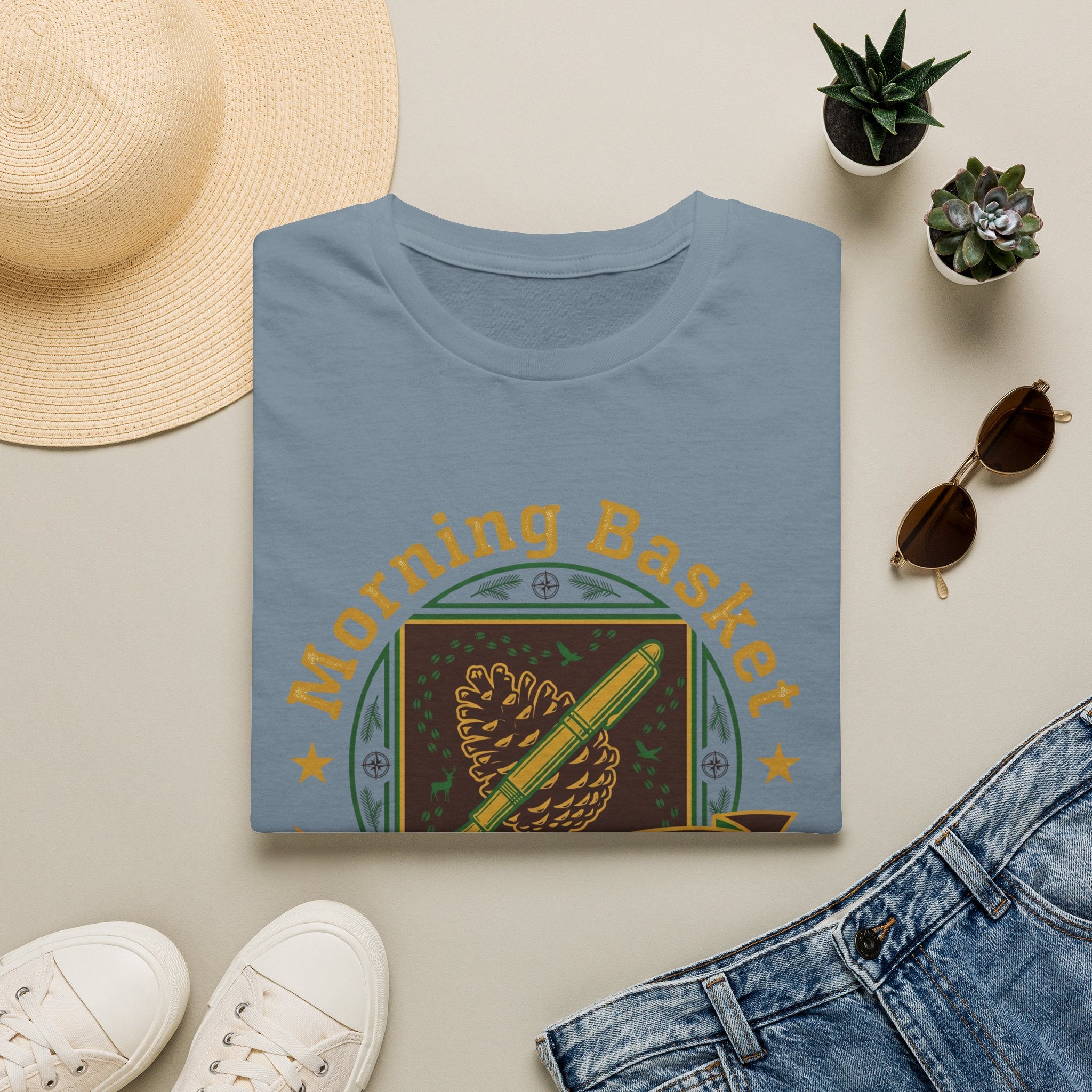 Morning Basket Adventure Club homeschool mom graphic t-shirt with a cozy morning basket-inspired design with books, gentle details, and home learning charm
