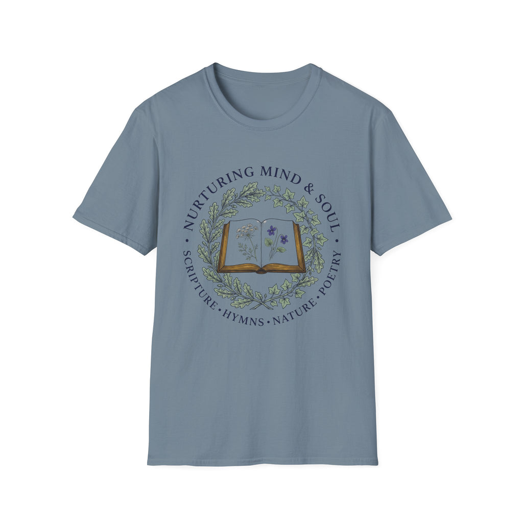 Nurturing Mind & Soul homeschool mom graphic t-shirt with a warm homeschool-inspired graphic with thoughtful lettering