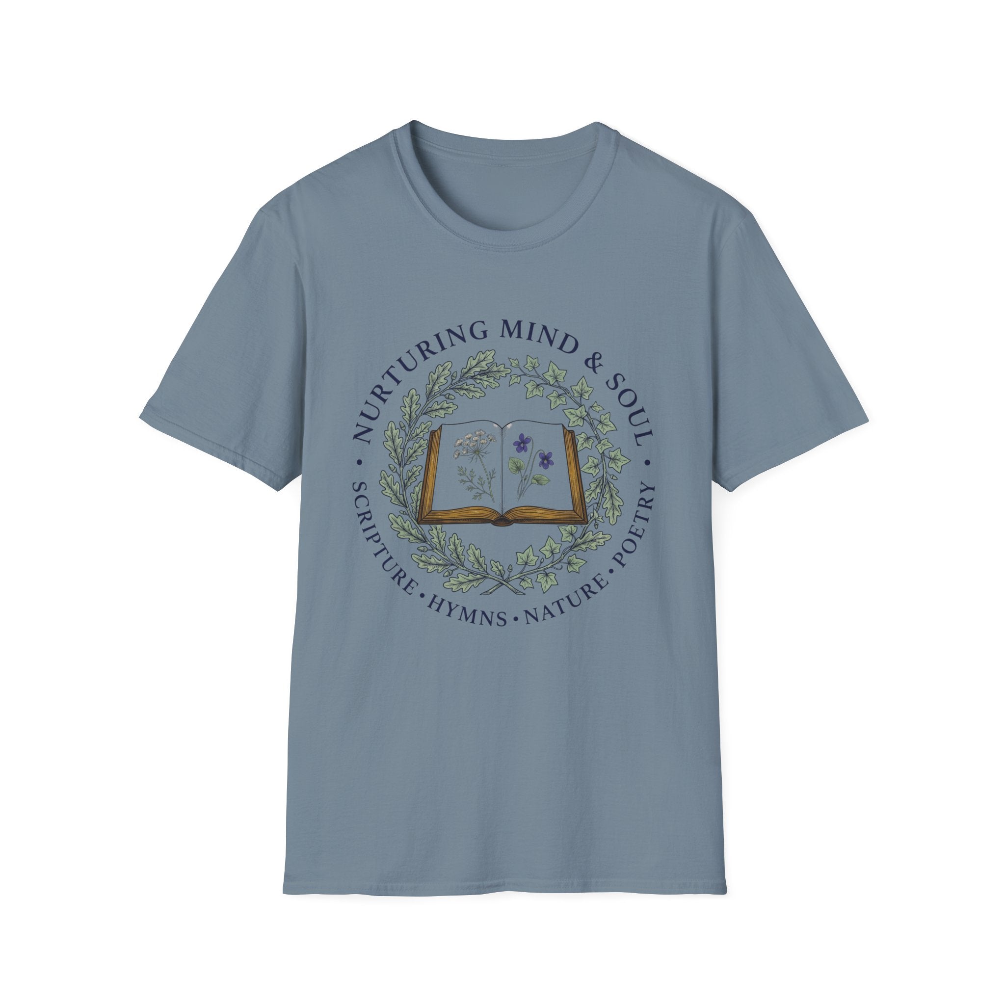 Nurturing Mind & Soul homeschool mom graphic t-shirt with a warm homeschool-inspired graphic with thoughtful lettering