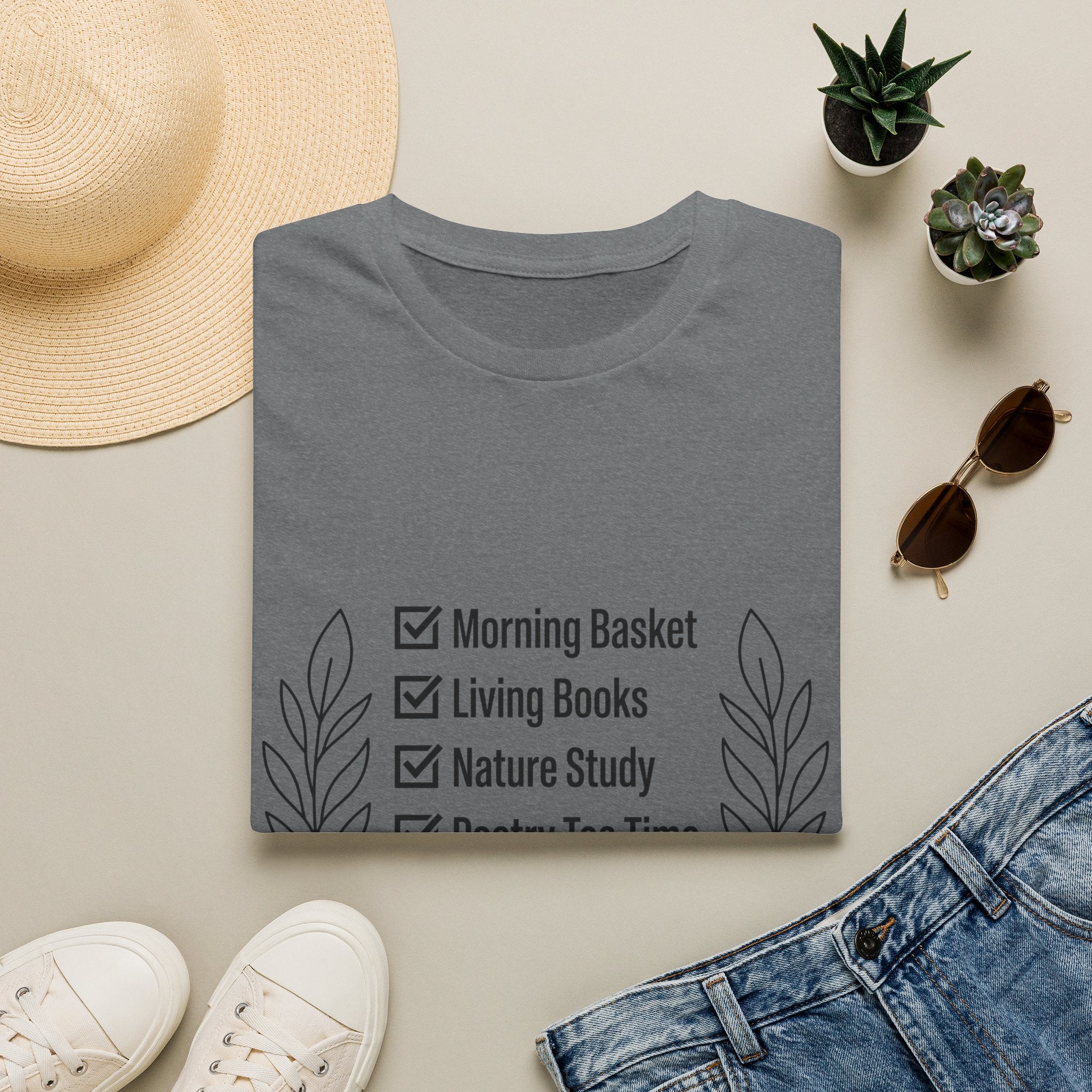 Homeschool Check List homeschool mom graphic t-shirt with a playful checklist-style homeschool graphic with bookish and nature-inspired details