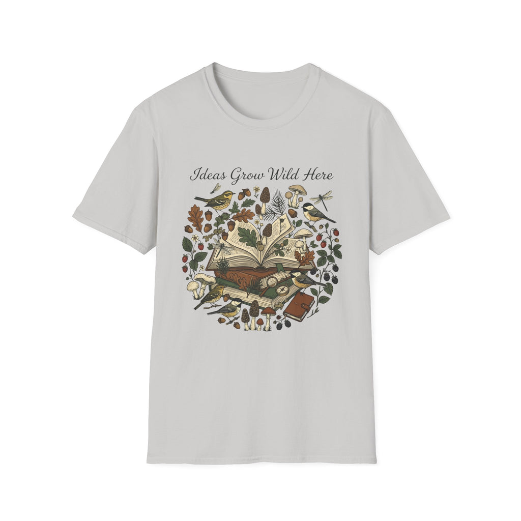 Ideas Grow Wild Here homeschool mom graphic t-shirt with an adventurous homeschool graphic with nature, books, and outdoor learning energy