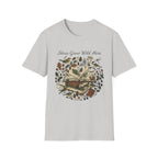 Ideas Grow Wild Here homeschool mom graphic t-shirt with an adventurous homeschool graphic with nature, books, and outdoor learning energy