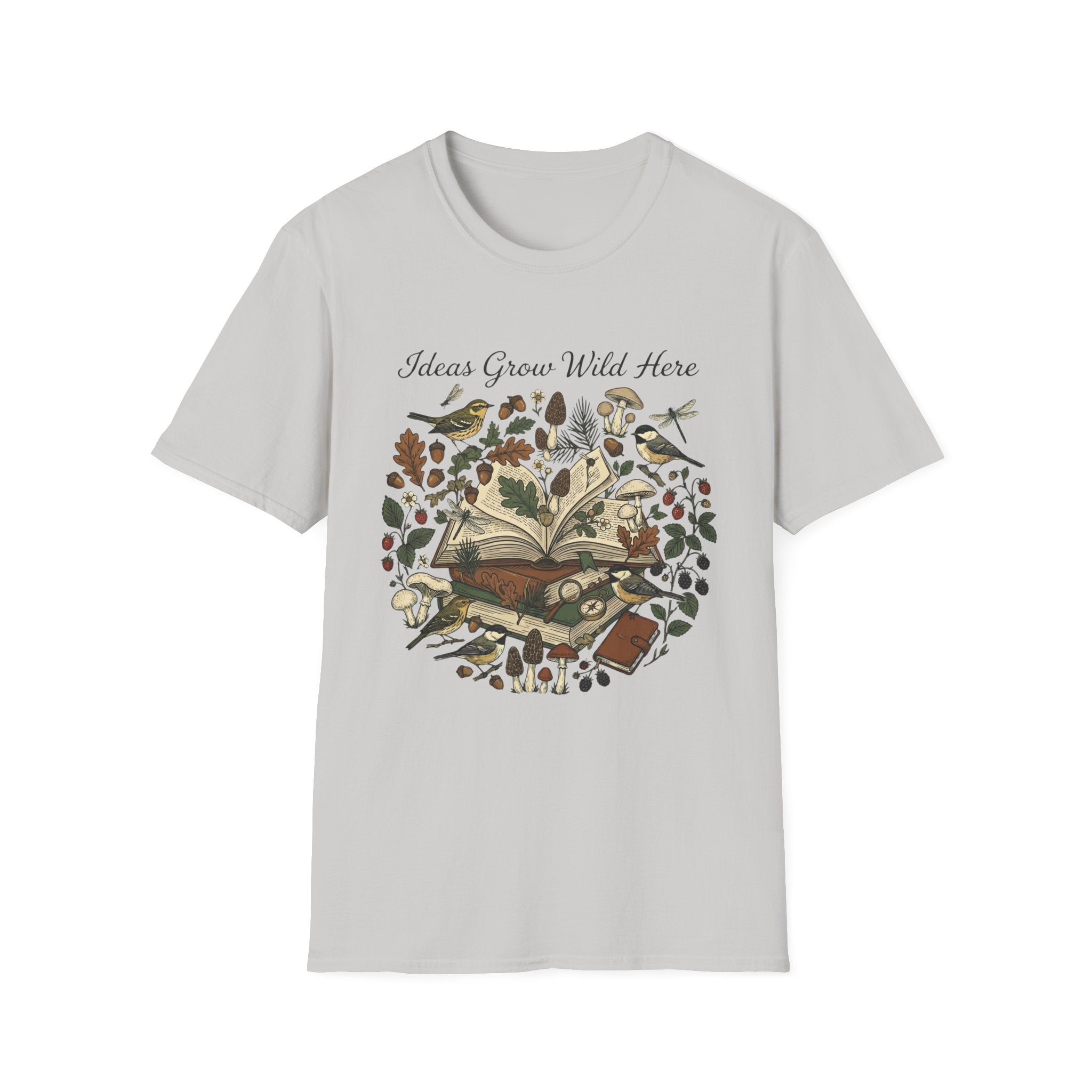 Ideas Grow Wild Here homeschool mom graphic t-shirt with an adventurous homeschool graphic with nature, books, and outdoor learning energy