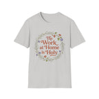Holy Work homeschool mom graphic t-shirt with a faith-filled homeschool design with gentle lettering and classic illustrative details