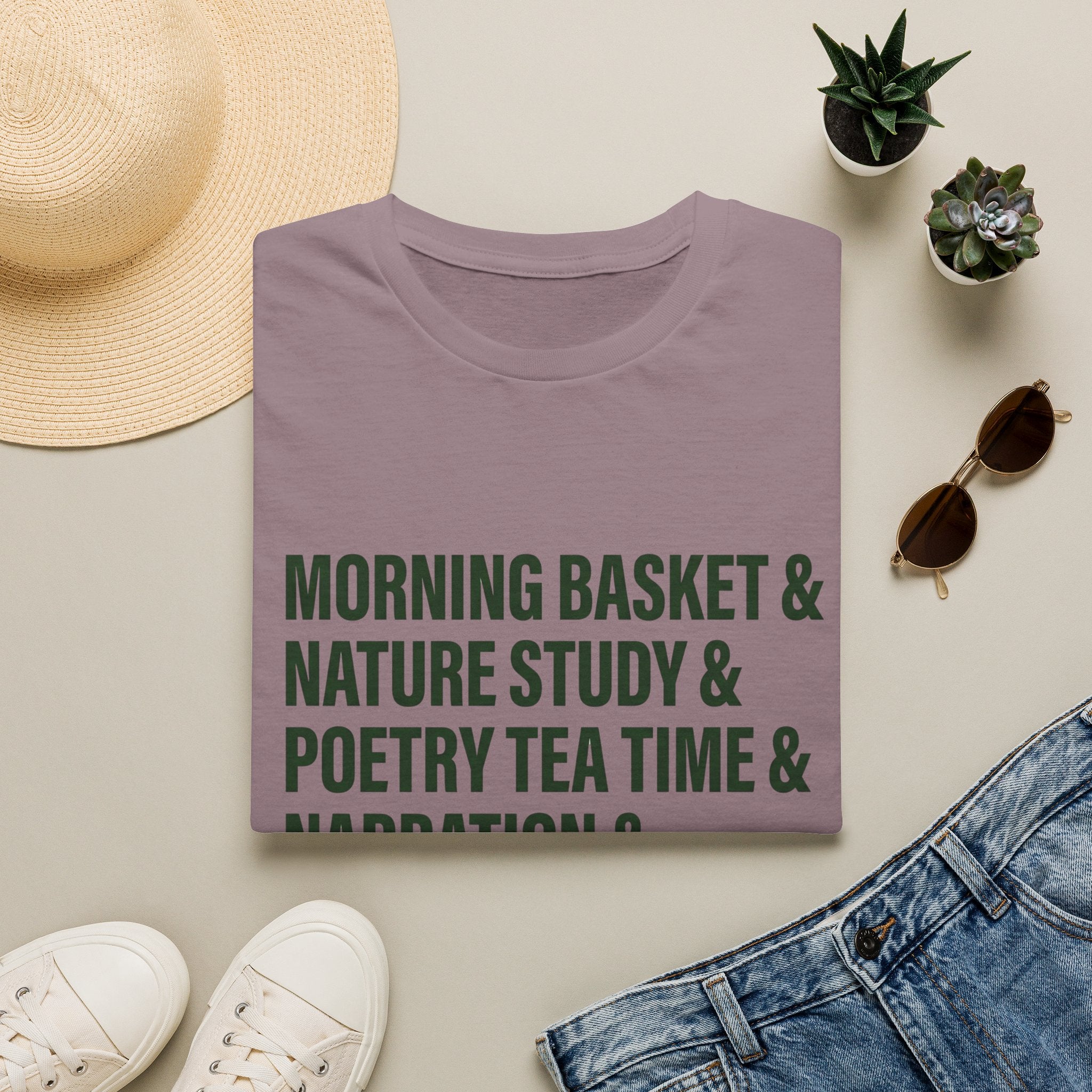 Narration Check List homeschool mom graphic t-shirt with a playful checklist-style homeschool graphic with bookish and nature-inspired details