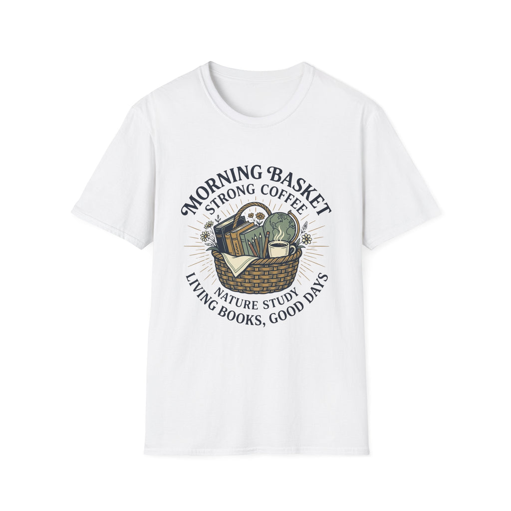 Morning Basket Strong Coffee homeschool mom graphic t-shirt with a cozy morning basket-inspired design with books, gentle details, and home learning charm