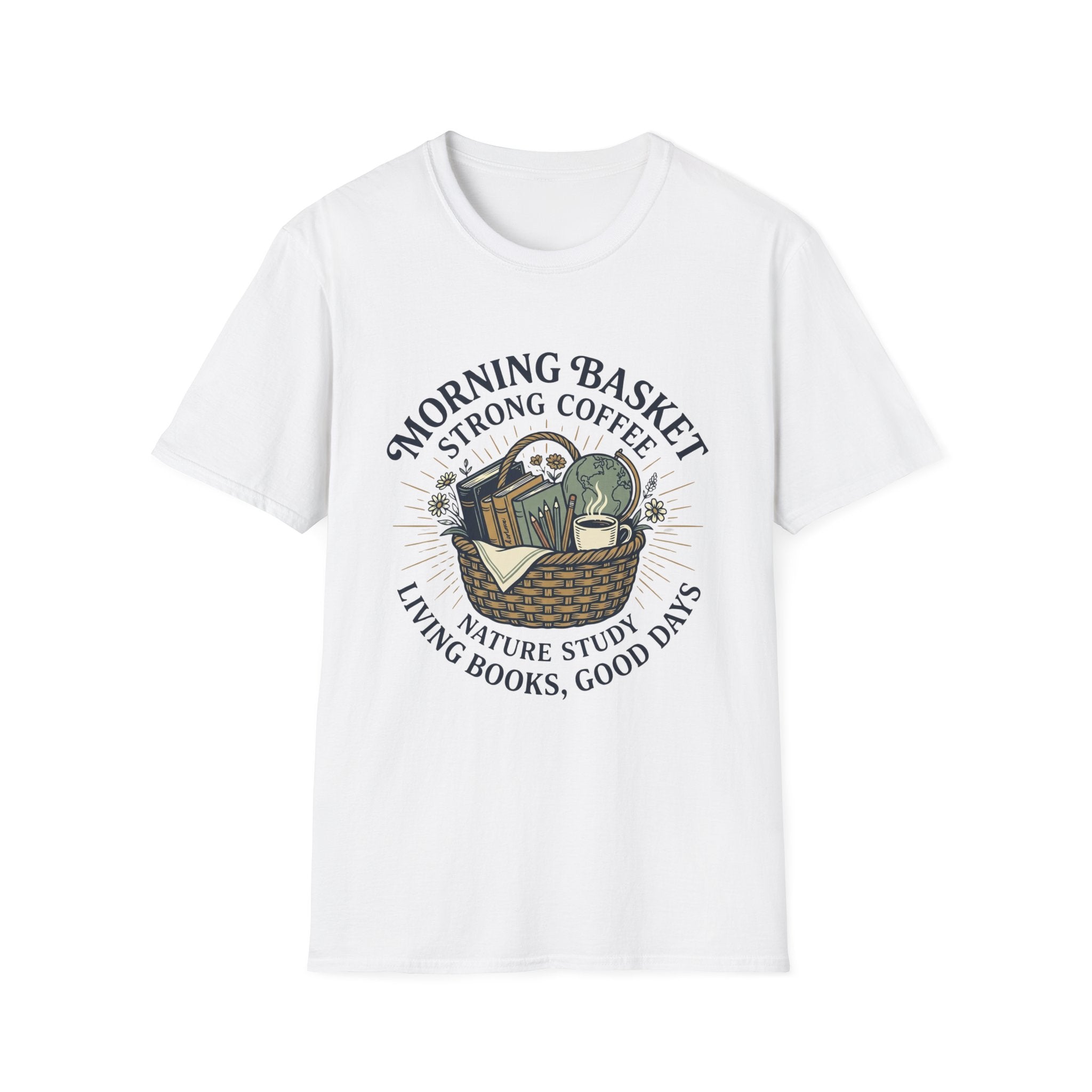 Morning Basket Strong Coffee homeschool mom graphic t-shirt with a cozy morning basket-inspired design with books, gentle details, and home learning charm