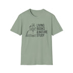 Living Books and Nature Study homeschool mom graphic t-shirt with a Charlotte Mason-inspired design with books, nature details, and vintage homeschool charm