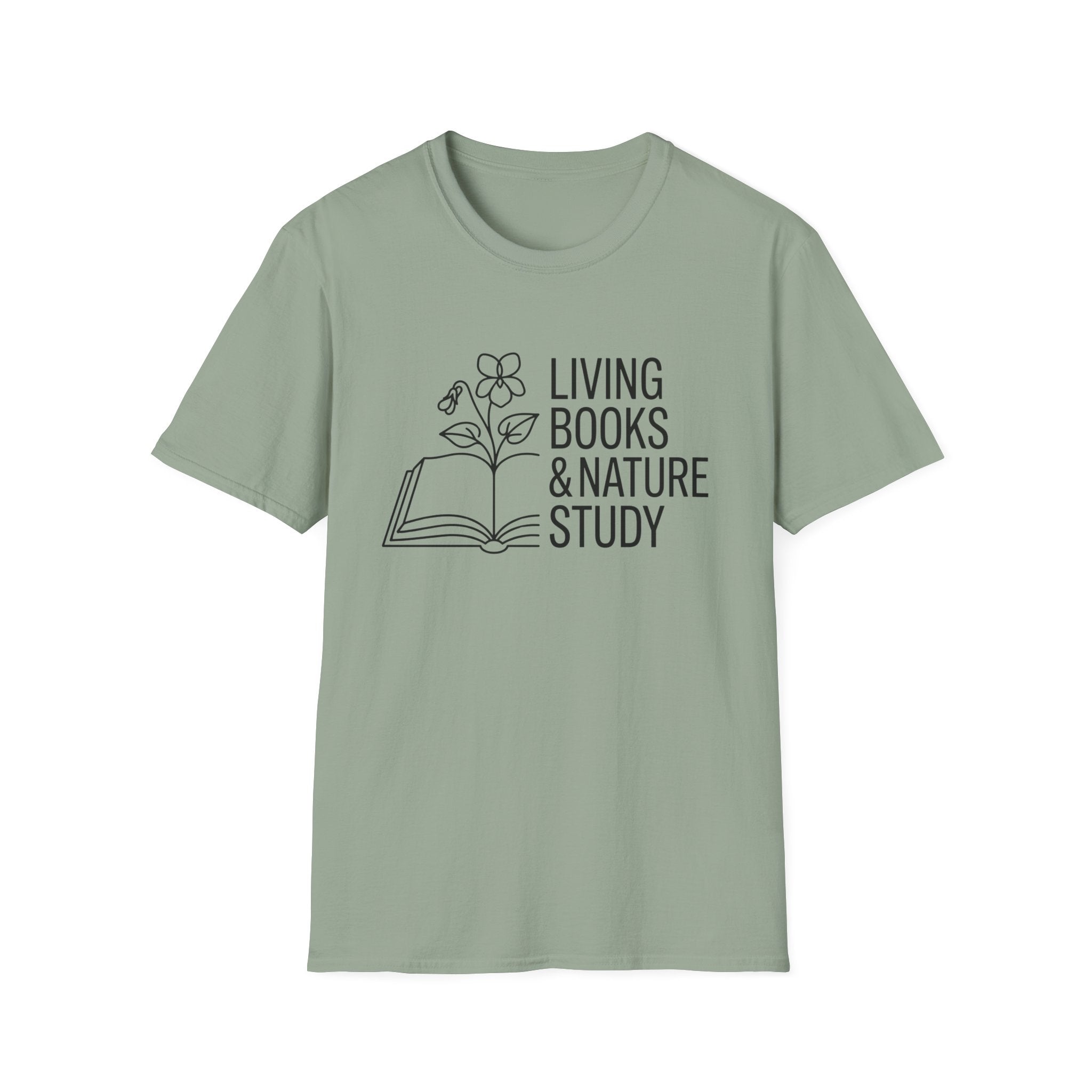 Living Books and Nature Study homeschool mom graphic t-shirt with a Charlotte Mason-inspired design with books, nature details, and vintage homeschool charm