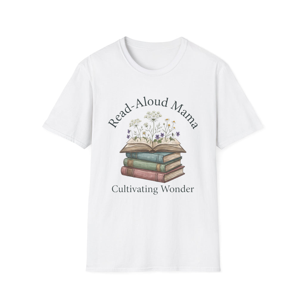 Read Aloud Mama homeschool mom graphic t-shirt with a sweet read-aloud design with stacked books, florals, and gentle homeschool charm