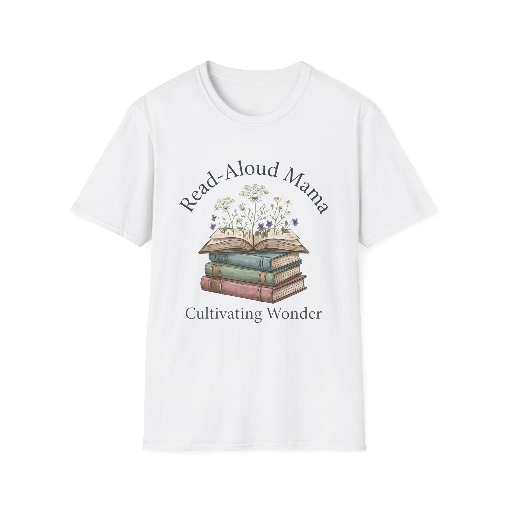 Read Aloud Mama homeschool mom graphic t-shirt with a sweet read-aloud design with stacked books, florals, and gentle homeschool charm