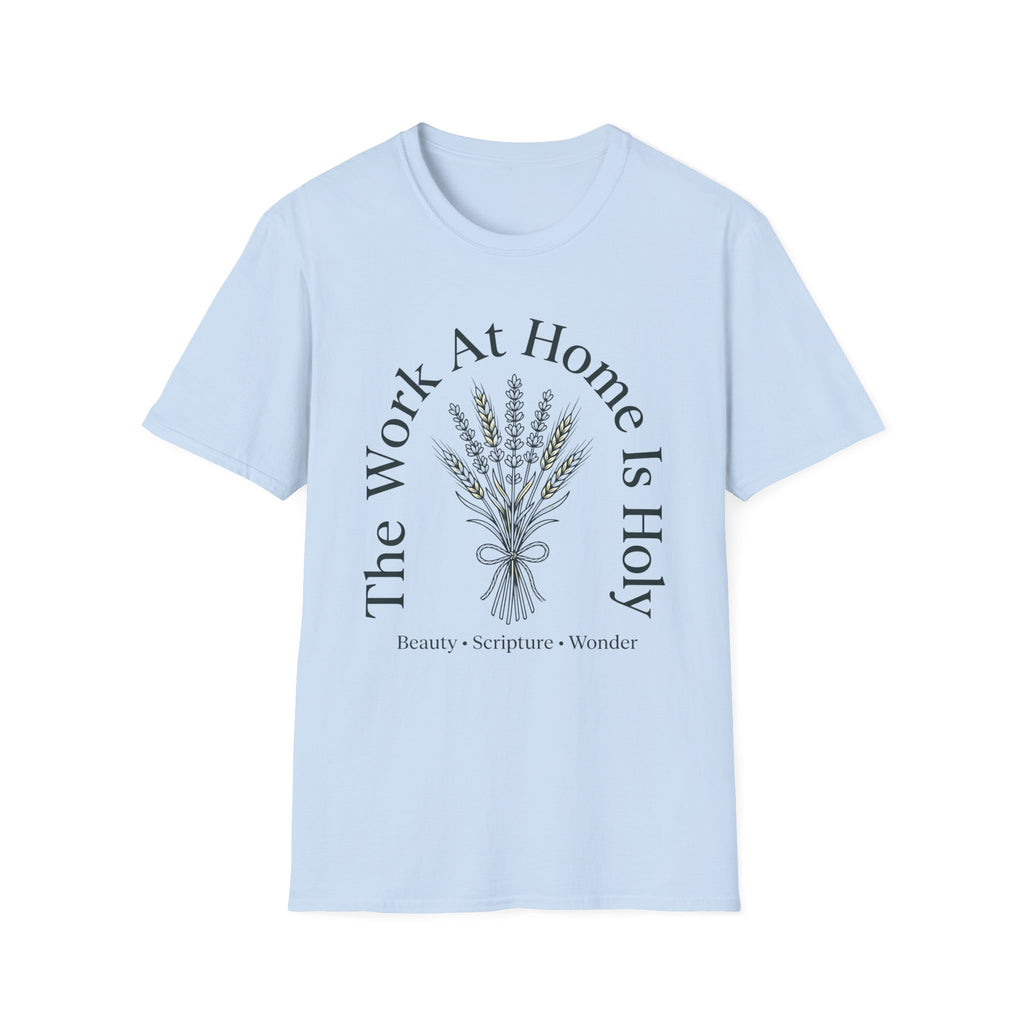 The Work At Home homeschool mom graphic t-shirt with a gathered-at-home inspired graphic with books, florals, and cozy family learning details