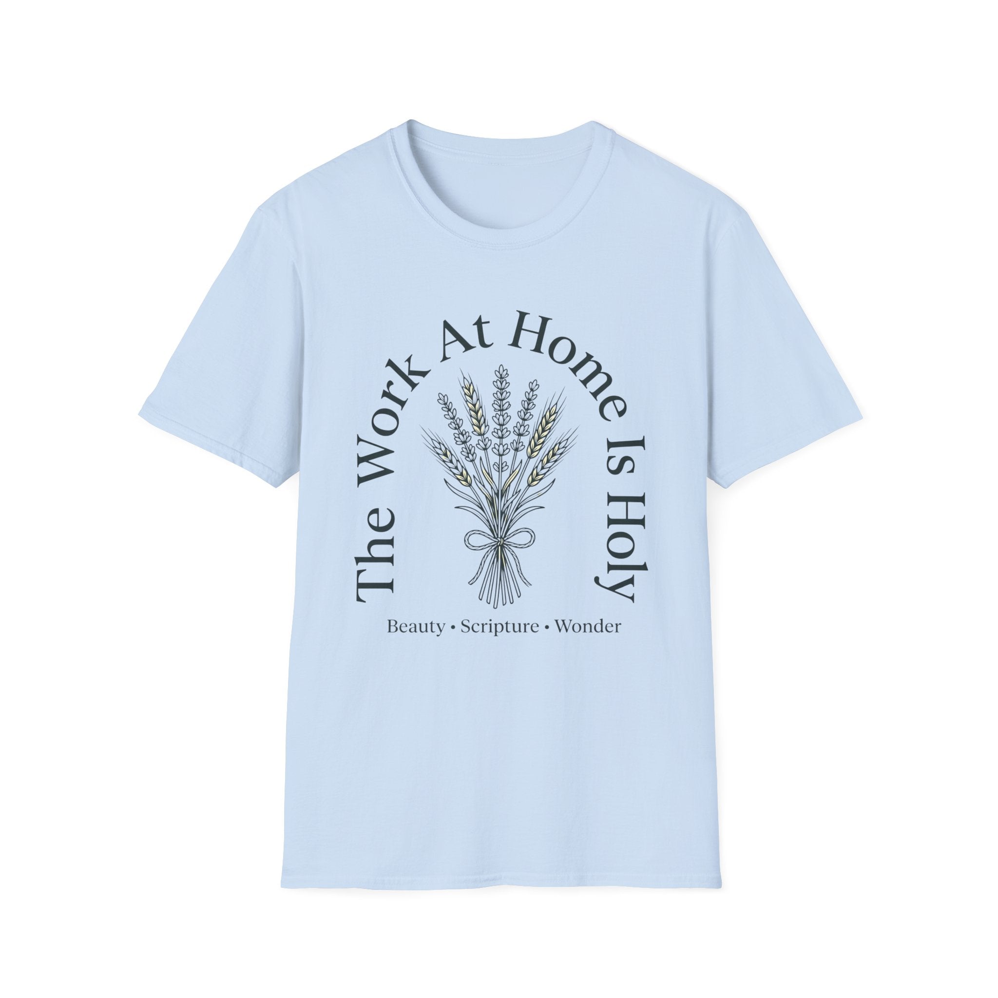 The Work At Home homeschool mom graphic t-shirt with a gathered-at-home inspired graphic with books, florals, and cozy family learning details