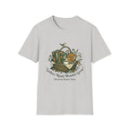 Gather, Read, Wonder, Grow homeschool mom graphic t-shirt with a gathered-at-home inspired graphic with books, florals, and cozy family learning details