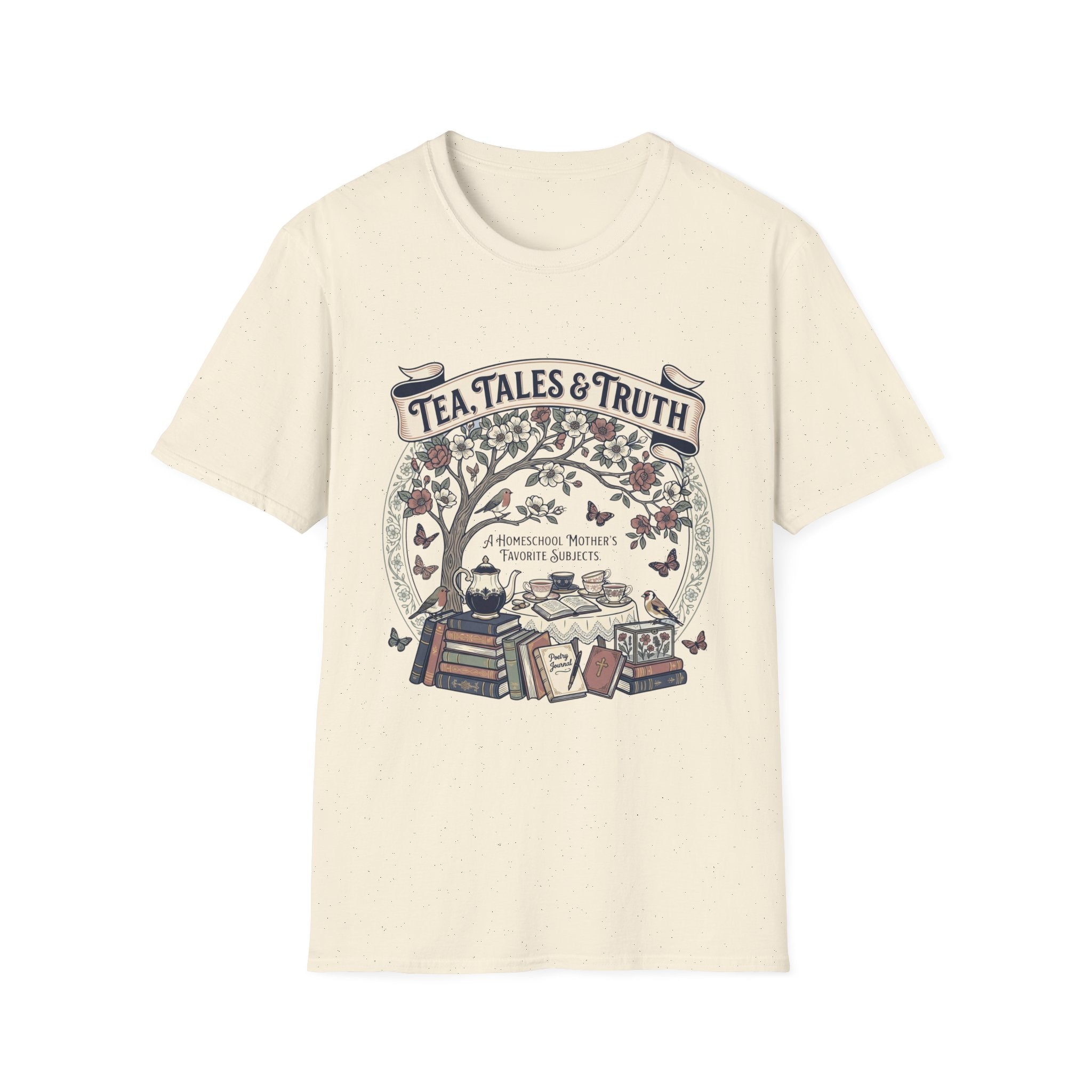 Tea, Tales, & Truth homeschool mom graphic t-shirt with a faith-filled homeschool design with gentle lettering and classic illustrative details