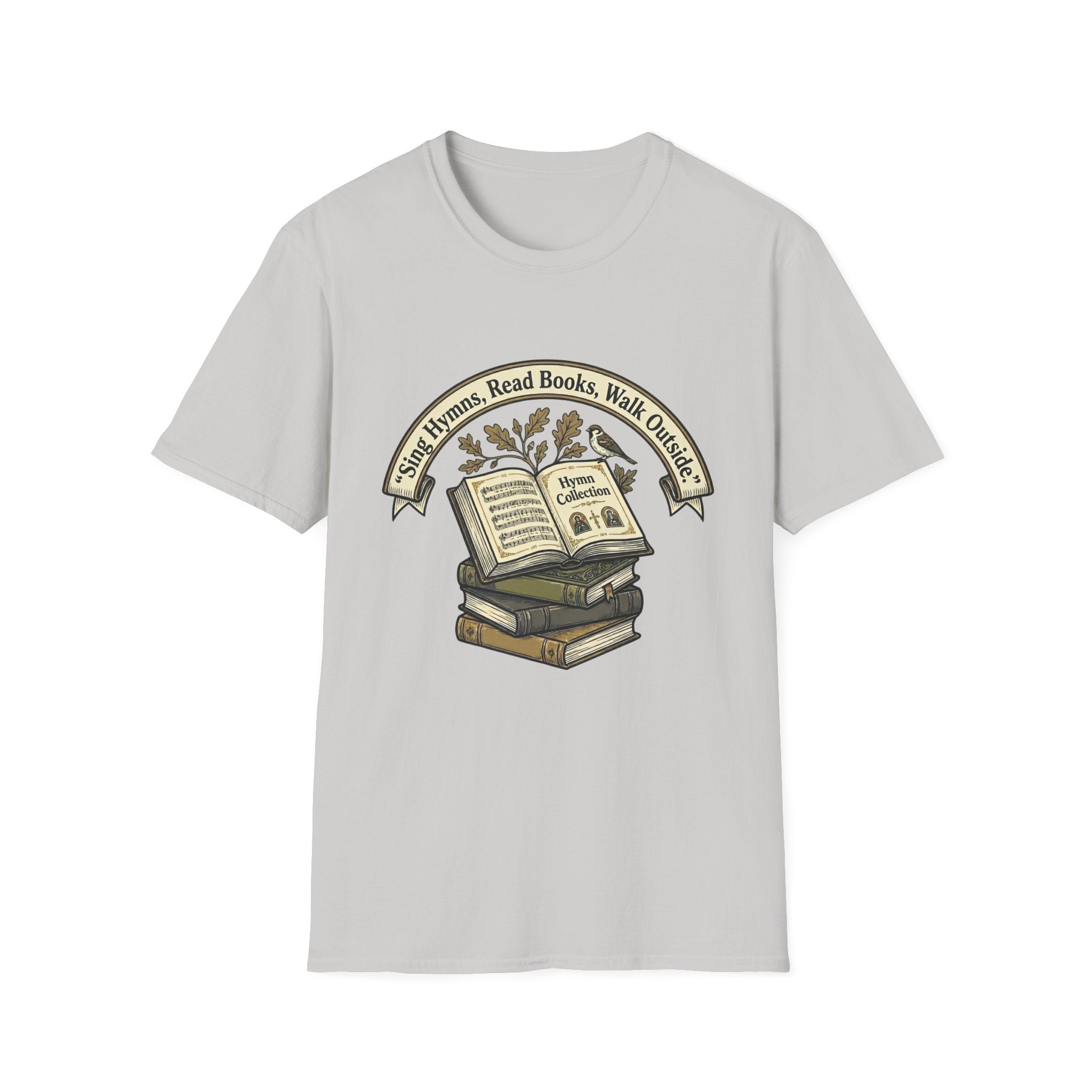 Sing Hymns, Read Books, Walk Outside homeschool mom graphic t-shirt with a faith-filled homeschool design with gentle lettering and classic illustrative details
