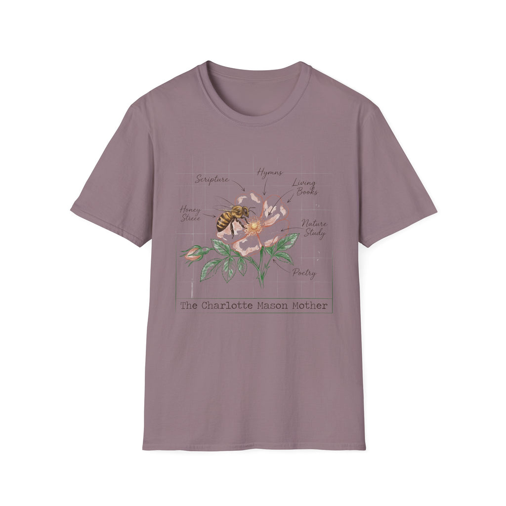 Mason Mother homeschool mom graphic t-shirt with a Charlotte Mason-inspired design with books, nature details, and vintage homeschool charm