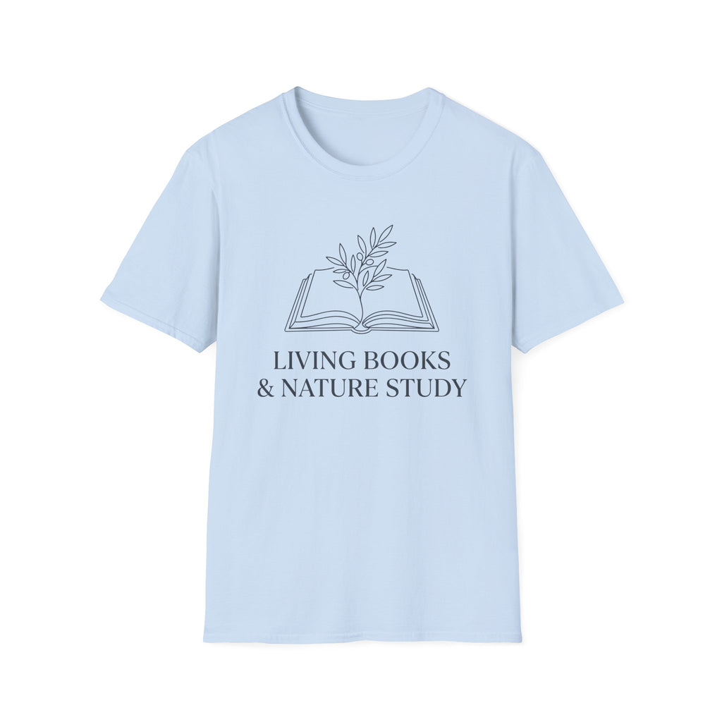 Living Books with Flowers homeschool mom graphic t-shirt with a Charlotte Mason-inspired design with books, nature details, and vintage homeschool charm