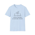 Living Books with Flowers homeschool mom graphic t-shirt with a Charlotte Mason-inspired design with books, nature details, and vintage homeschool charm