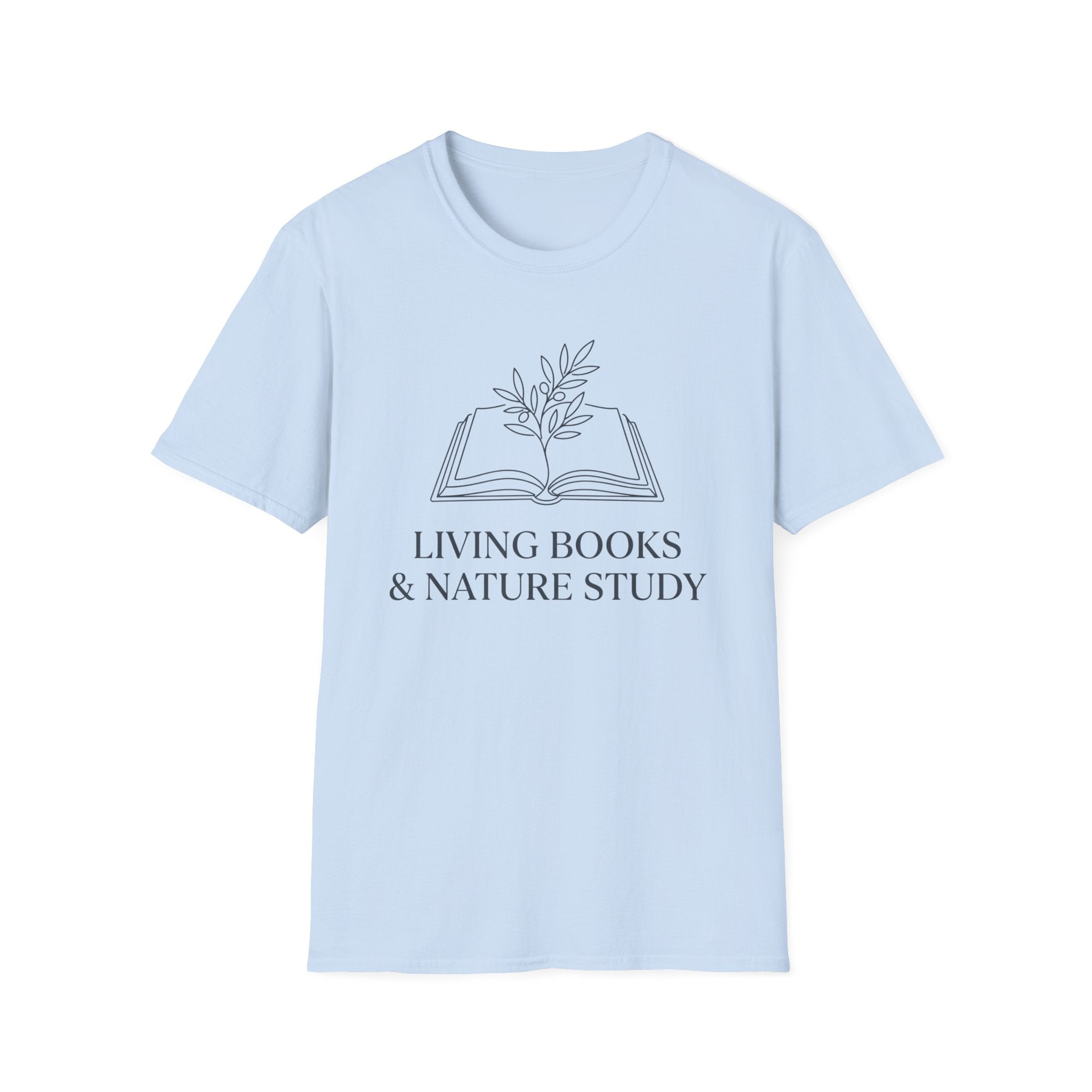 Living Books with Flowers homeschool mom graphic t-shirt with a Charlotte Mason-inspired design with books, nature details, and vintage homeschool charm