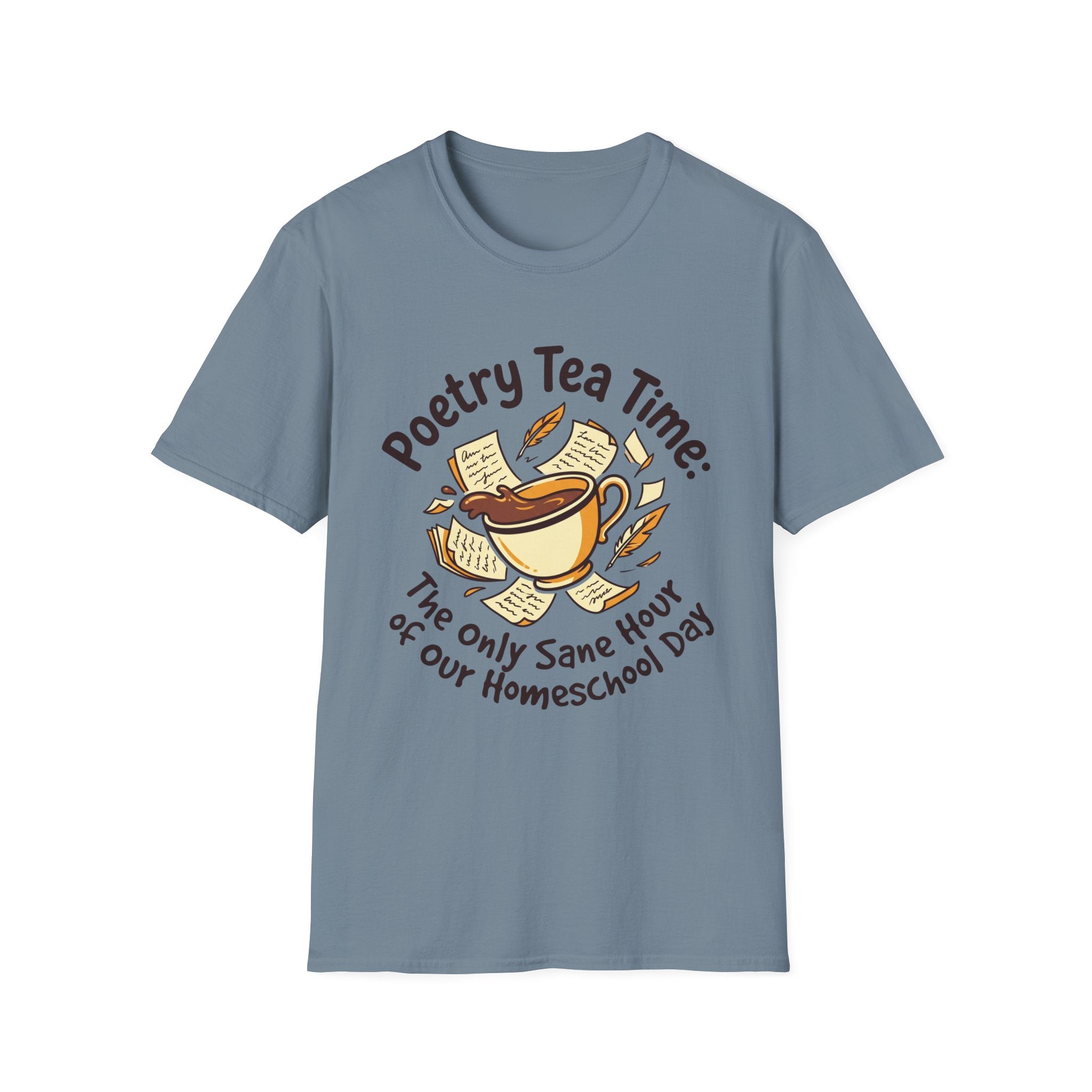 Poetry Tea Time homeschool mom graphic t-shirt with a cozy poetry teatime graphic with tea, books, and vintage homeschool charm