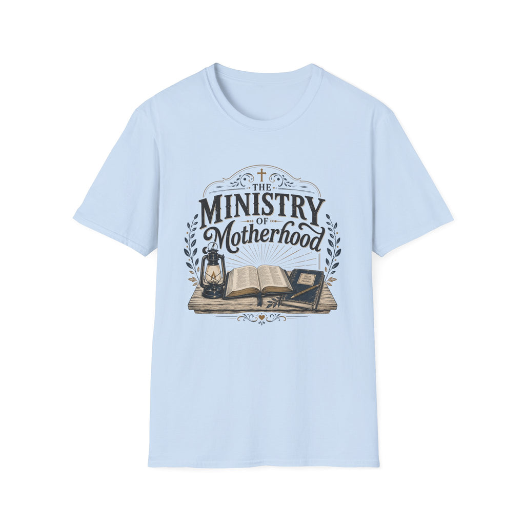 The Ministry Of Motherhood homeschool mom graphic t-shirt with a faith-filled homeschool design with gentle lettering and classic illustrative details