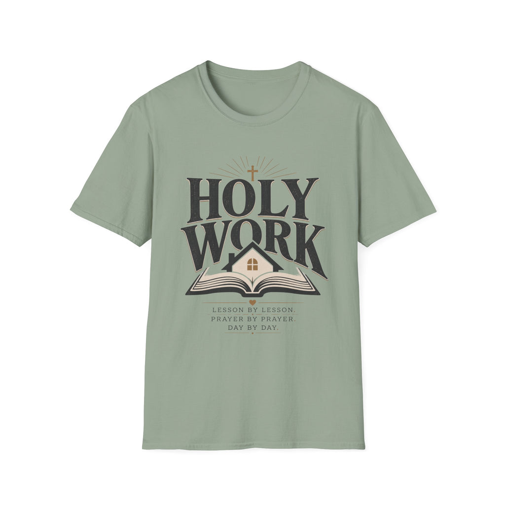 Holy Work Lesson By Lesson homeschool mom graphic t-shirt with a faith-filled homeschool design with gentle lettering and classic illustrative details