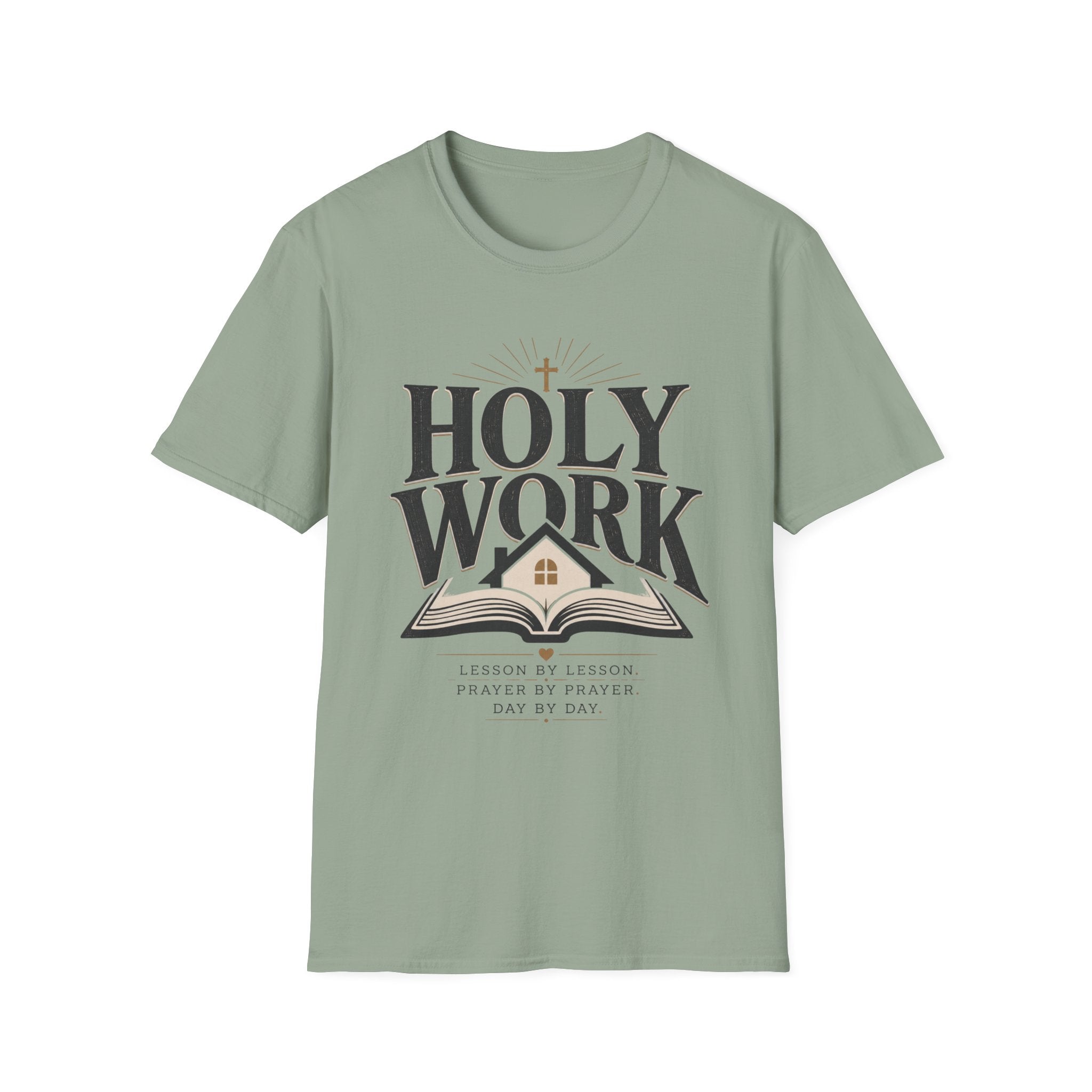 Holy Work Lesson By Lesson homeschool mom graphic t-shirt with a faith-filled homeschool design with gentle lettering and classic illustrative details