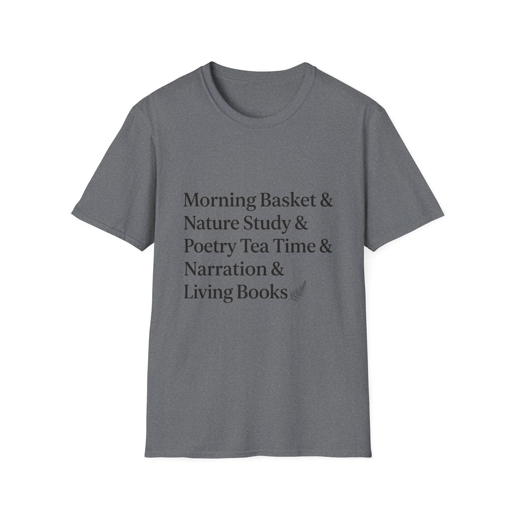 Living Books Check List homeschool mom graphic t-shirt with a playful checklist-style homeschool graphic with bookish and nature-inspired details