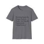 Living Books Check List homeschool mom graphic t-shirt with a playful checklist-style homeschool graphic with bookish and nature-inspired details
