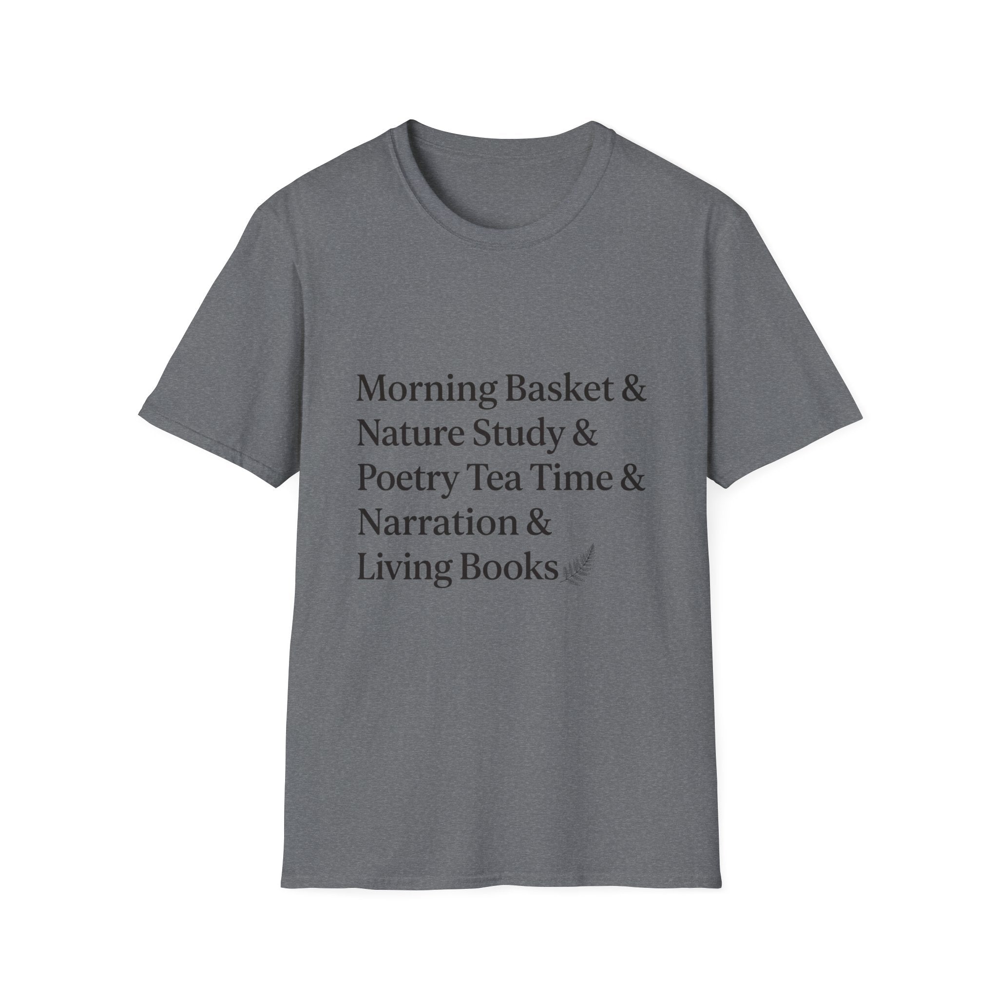 Living Books Check List homeschool mom graphic t-shirt with a playful checklist-style homeschool graphic with bookish and nature-inspired details