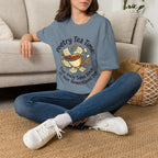Poetry Tea Time homeschool mom graphic t-shirt with a cozy poetry teatime graphic with tea, books, and vintage homeschool charm