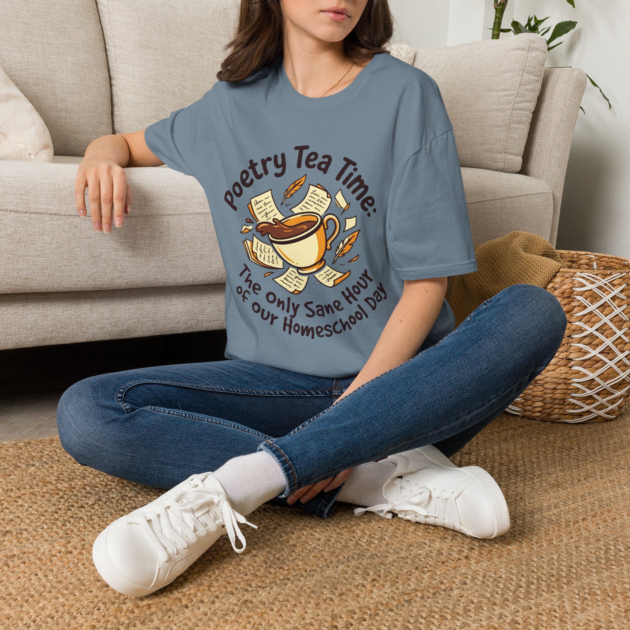 Poetry Tea Time homeschool mom graphic t-shirt with a cozy poetry teatime graphic with tea, books, and vintage homeschool charm