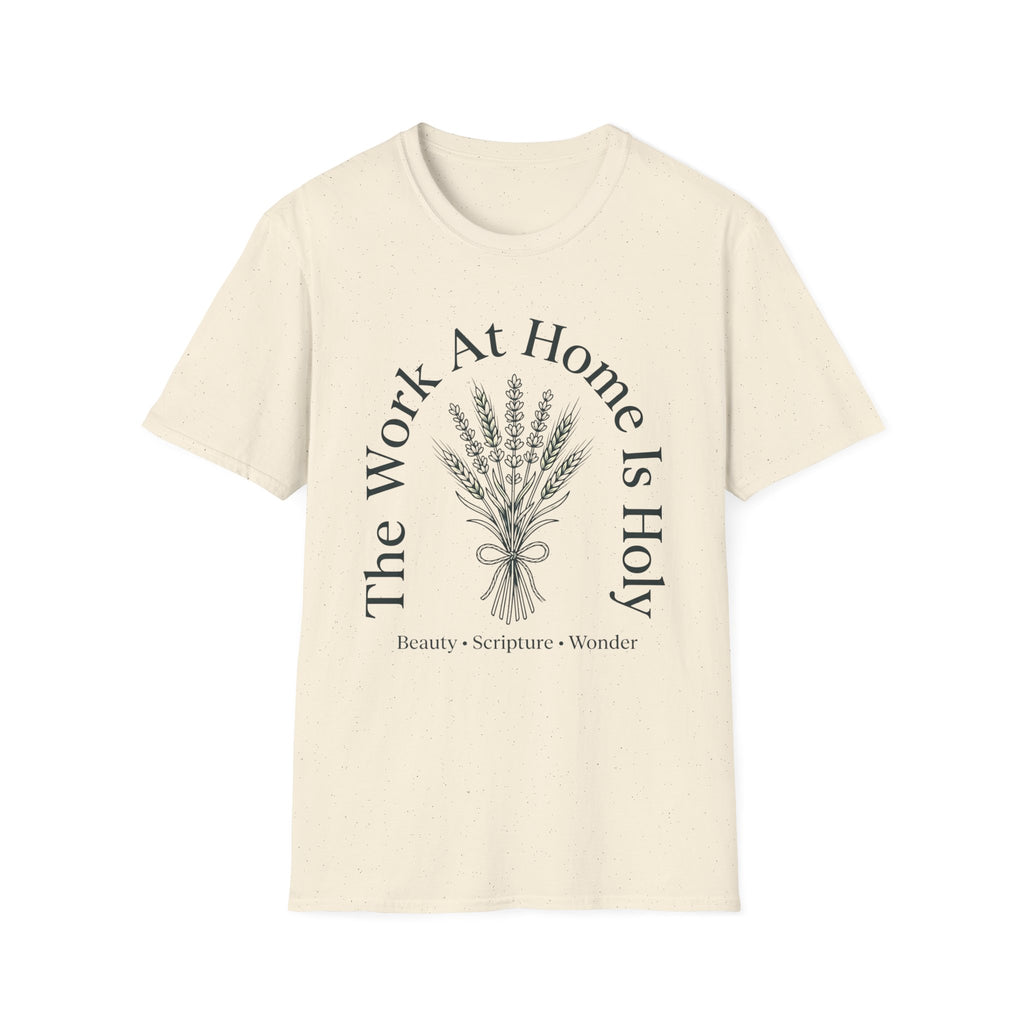 The Work At Home homeschool mom graphic t-shirt with a gathered-at-home inspired graphic with books, florals, and cozy family learning details