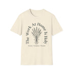 The Work At Home homeschool mom graphic t-shirt with a gathered-at-home inspired graphic with books, florals, and cozy family learning details