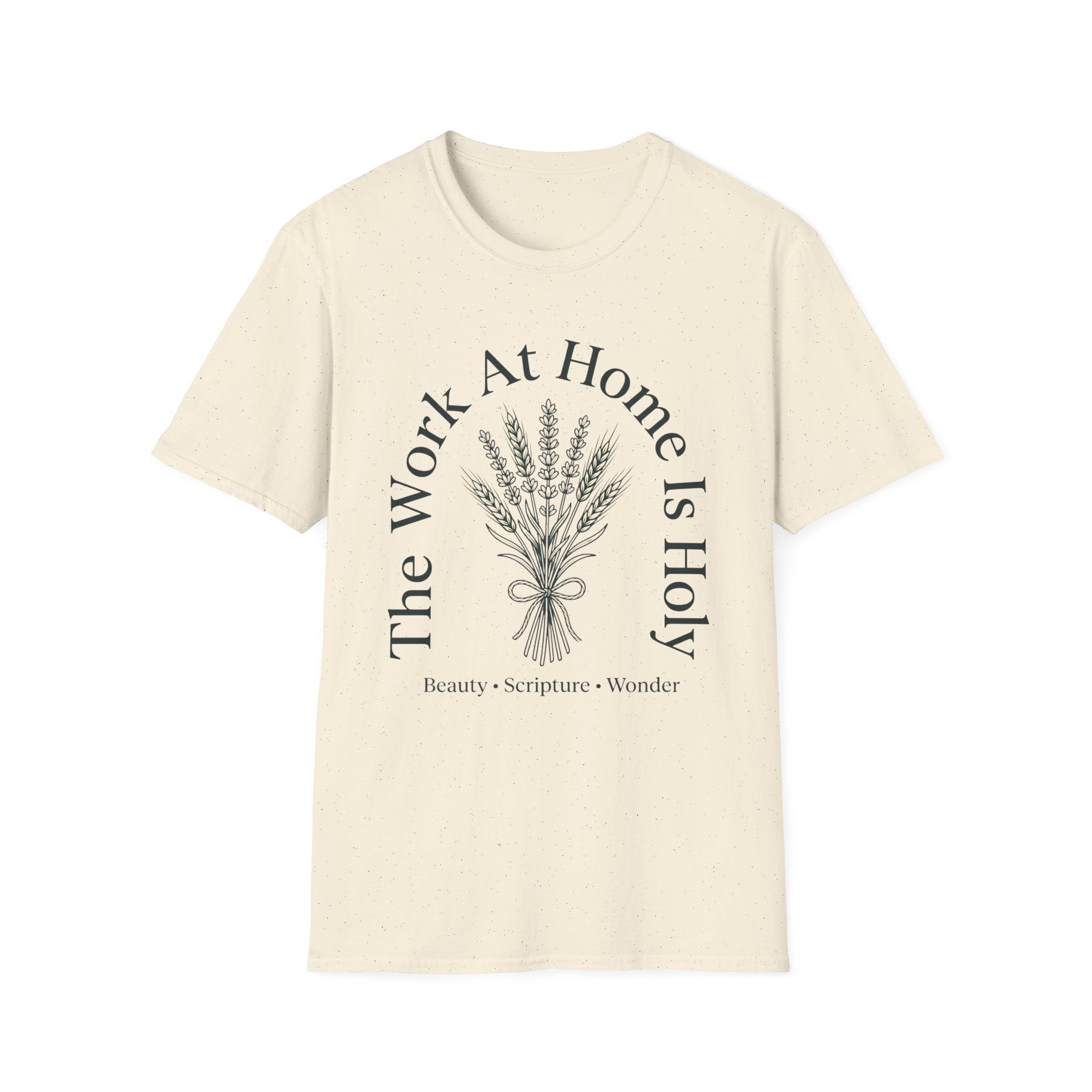 The Work At Home homeschool mom graphic t-shirt with a gathered-at-home inspired graphic with books, florals, and cozy family learning details
