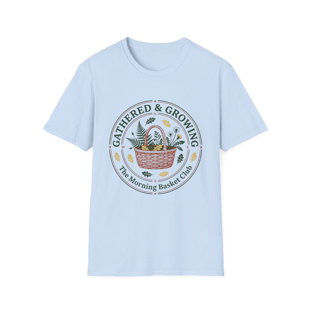 Gathered & Growing homeschool mom graphic t-shirt with a gathered-at-home inspired graphic with books, florals, and cozy family learning details