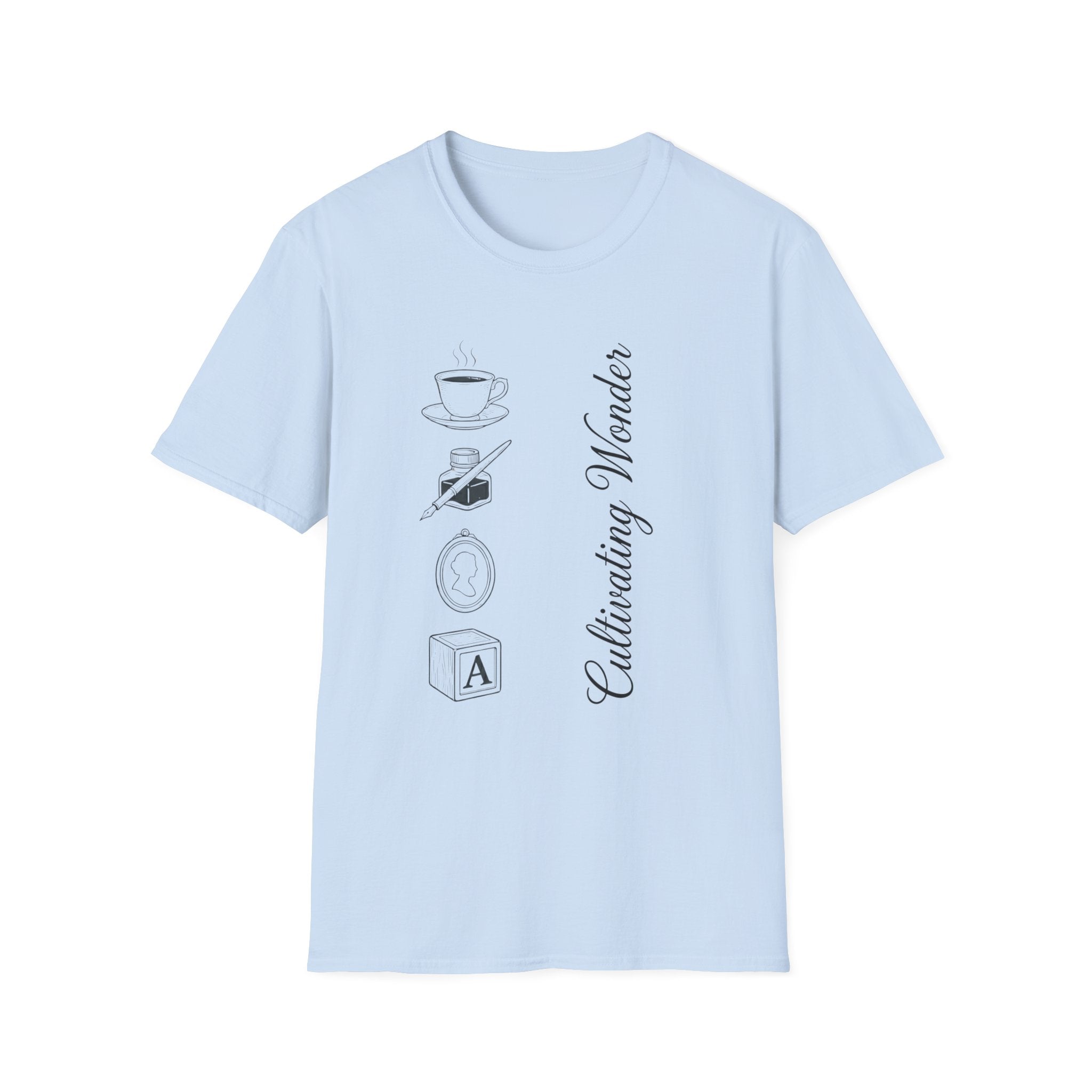 Cultivating Wonder homeschool mom graphic t-shirt with a Charlotte Mason-inspired design with books, nature details, and vintage homeschool charm