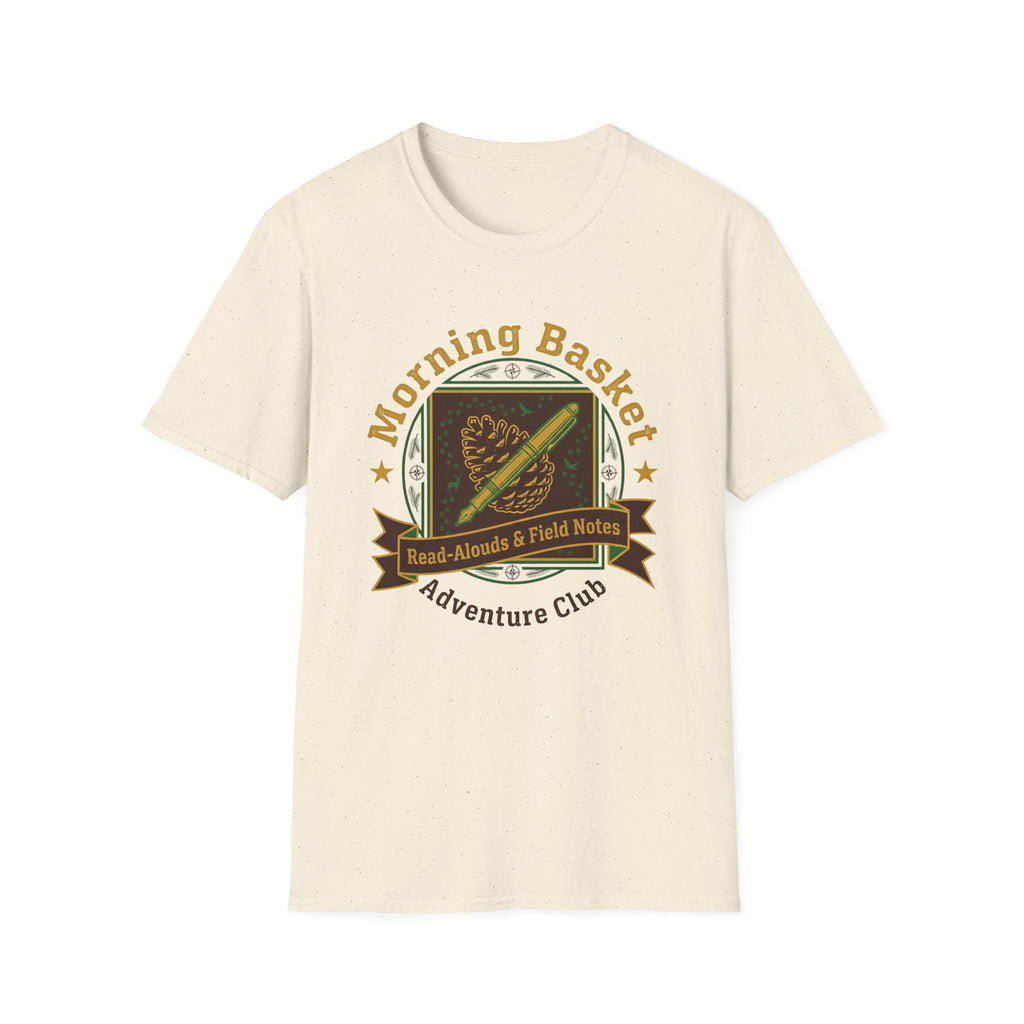 Morning Basket Adventure Club homeschool mom graphic t-shirt with a cozy morning basket-inspired design with books, gentle details, and home learning charm