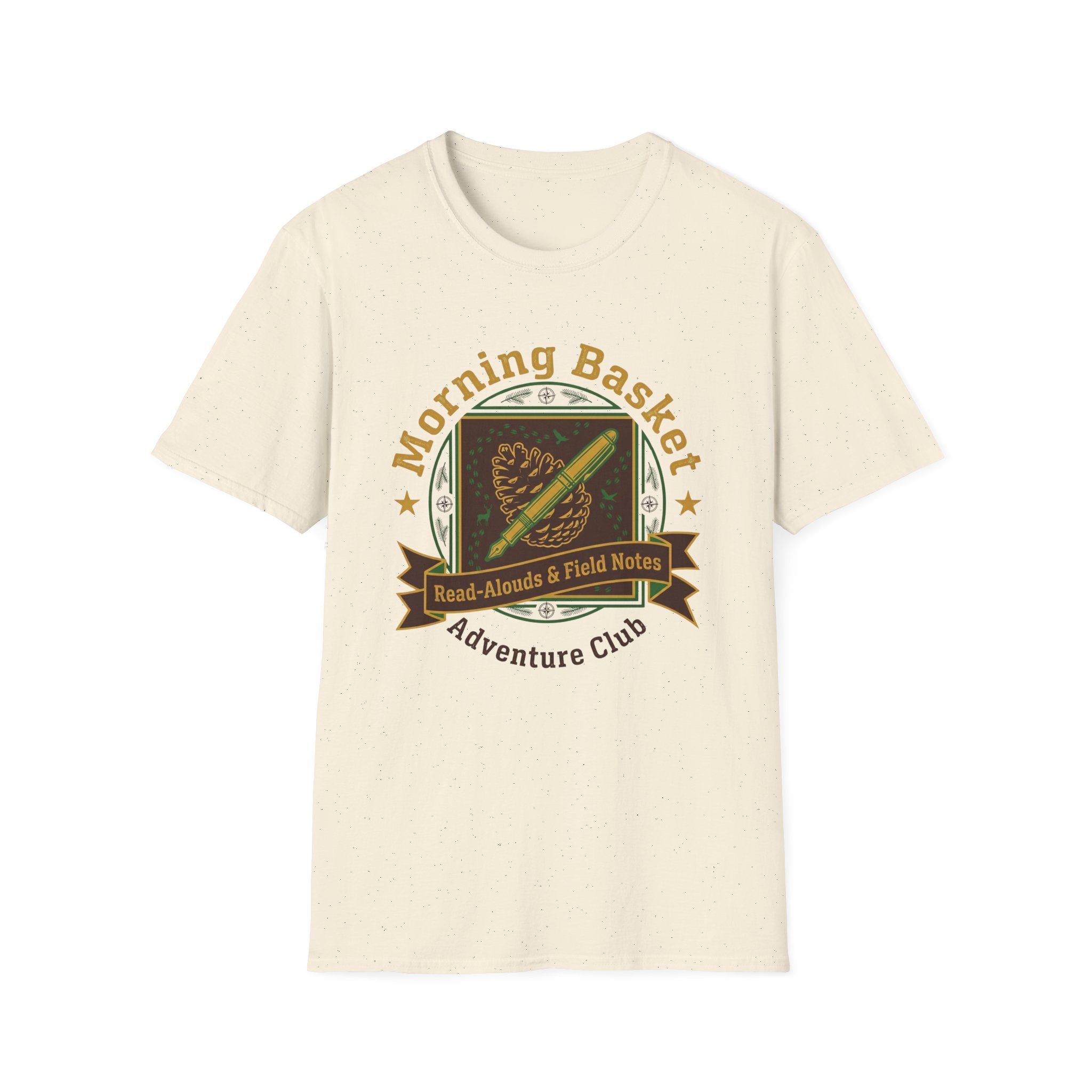 Morning Basket Adventure Club homeschool mom graphic t-shirt with a cozy morning basket-inspired design with books, gentle details, and home learning charm