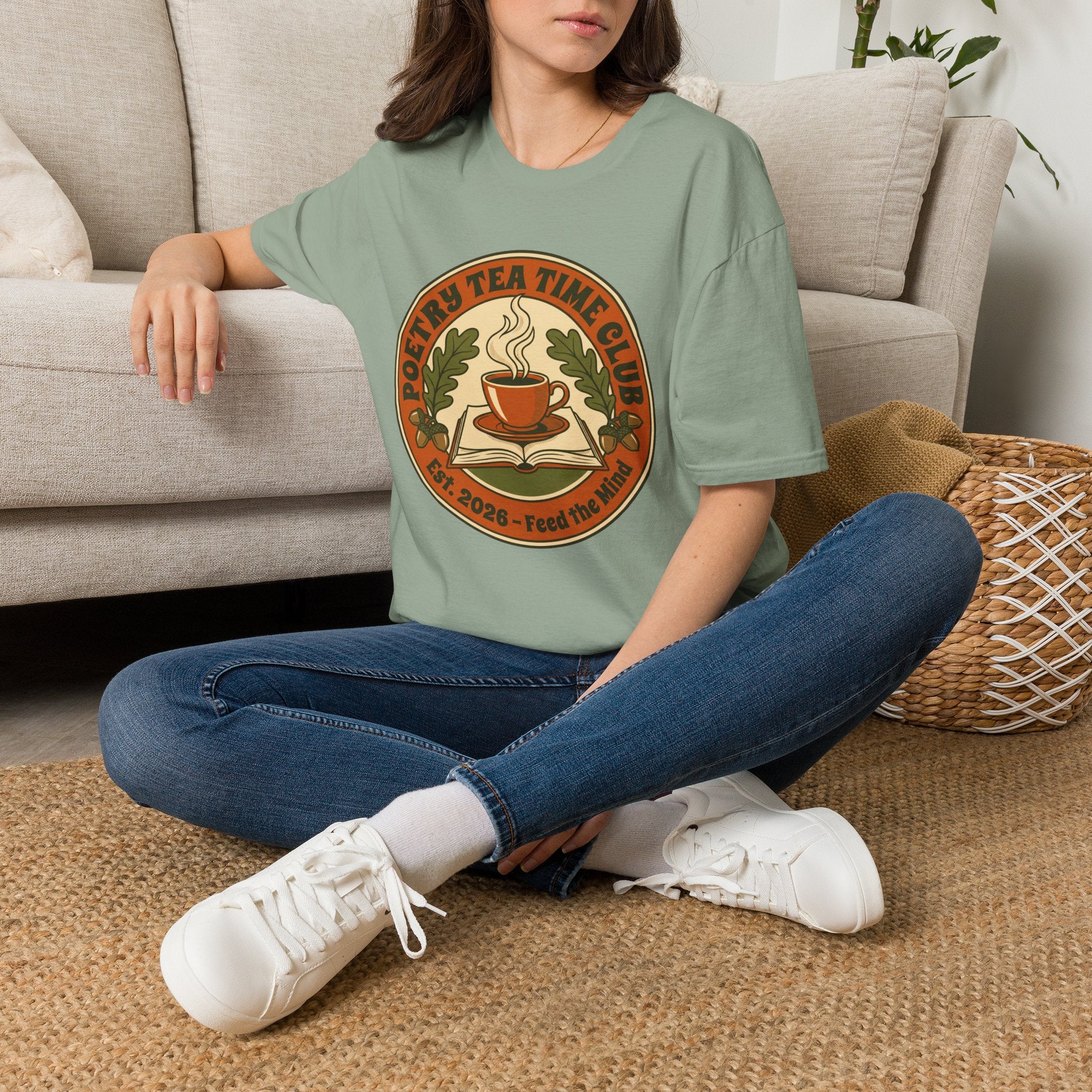 Poetry Tea Time Club homeschool mom graphic t-shirt with a cozy poetry teatime graphic with tea, books, and vintage homeschool charm