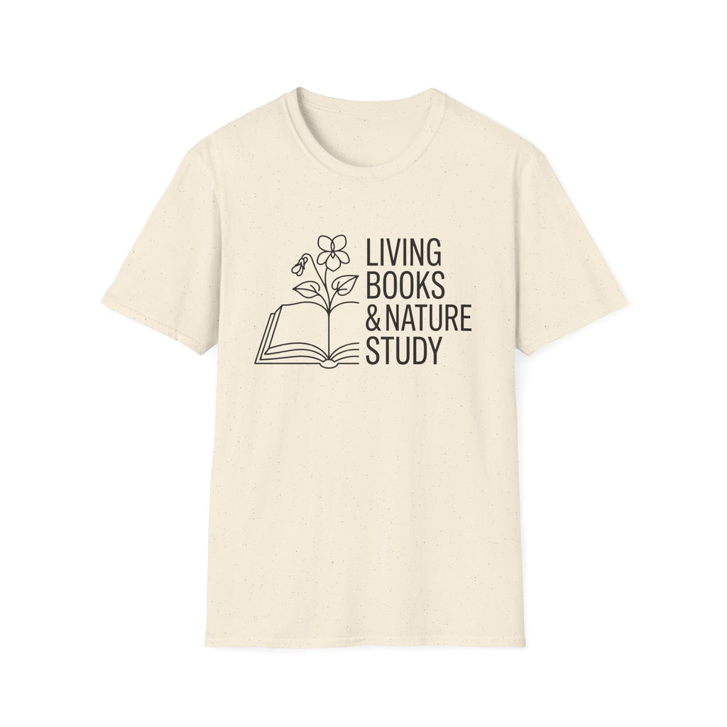 Living Books and Nature Study homeschool mom graphic t-shirt with a Charlotte Mason-inspired design with books, nature details, and vintage homeschool charm